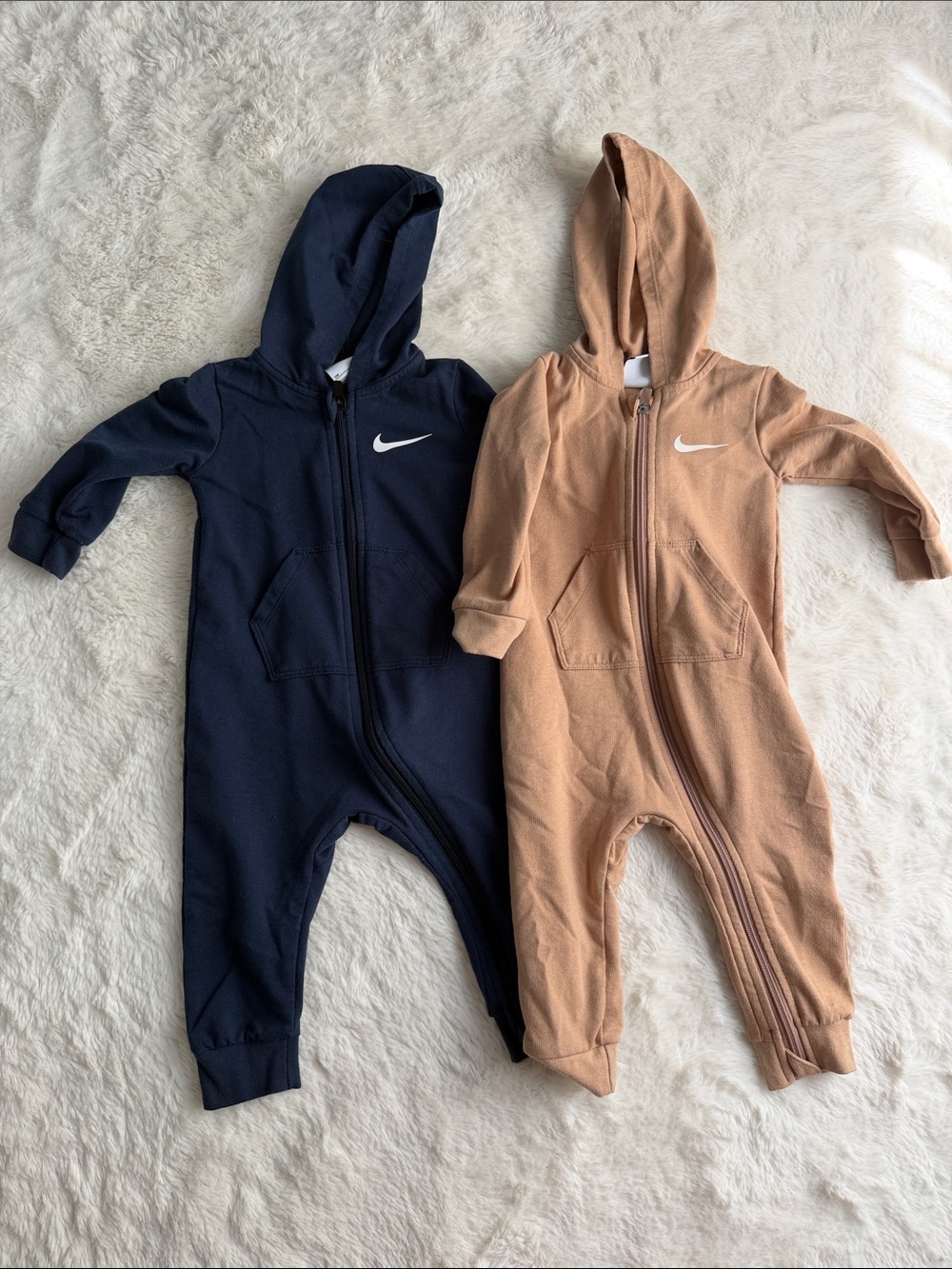 Nike Baby One-Pieces in Navy and Tan Hooded Zip Footies
